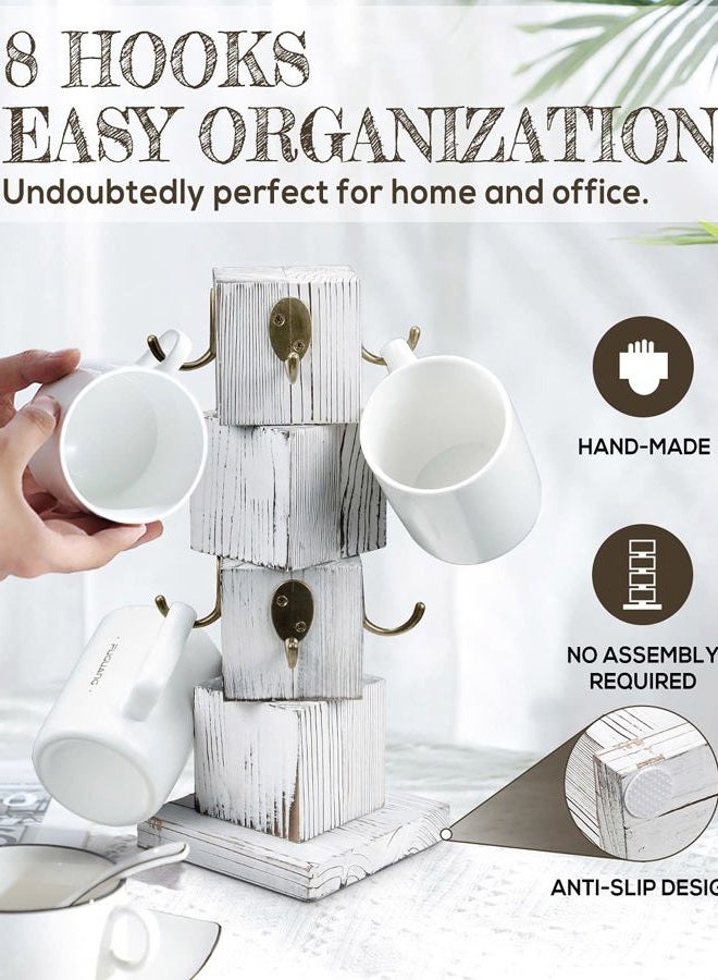 PUERSI Coffee Mug Holder for Counter, Rustic Solid Wood Mug Tree, Farmhouse Wooden Coffee Cup Rack, Distressed White Mug Stand with 8 Hooks - Image 4