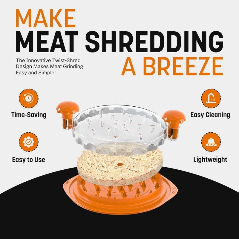 LUXARC Chicken Shredder Tool Twist Large – Meat Shredder with Cleaning Brush, Tong & Fork | BPA-Free Chicken Breast Shredder | Anti-Slip Grip, Ergonomic Handle | Ideal for Chicken, Beef (Orange) - Image 2