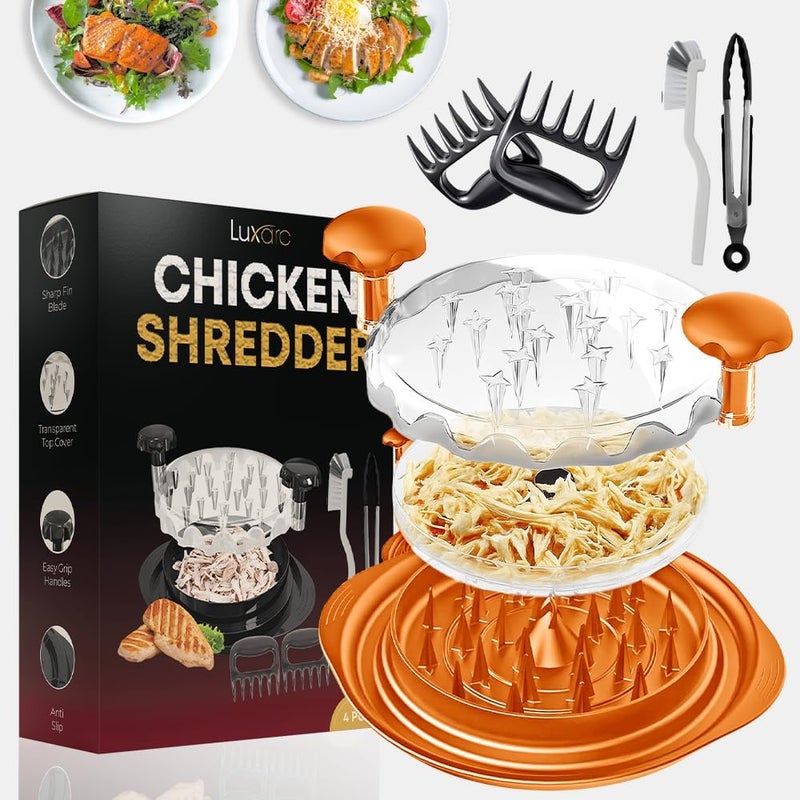 LUXARC Chicken Shredder Tool Twist Large – Meat Shredder with Cleaning Brush, Tong & Fork | BPA-Free Chicken Breast Shredder | Anti-Slip Grip, Ergonomic Handle | Ideal for Chicken, Beef (Orange) - Image 1