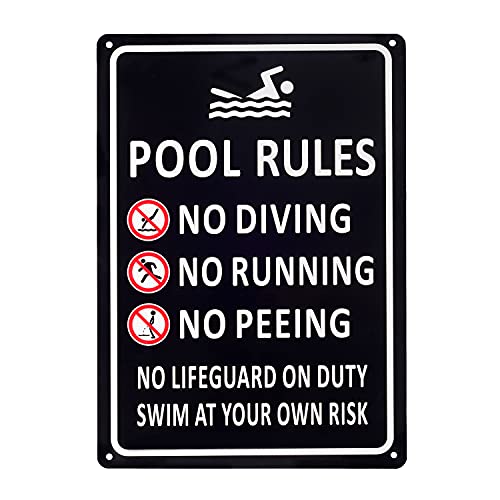 Kichwit Pool Rules, No Diving, Running, Peeing - Metal Sign, Aluminum, Weather Resistant, 13.4 x 9.4 Inches, Black - Image 1