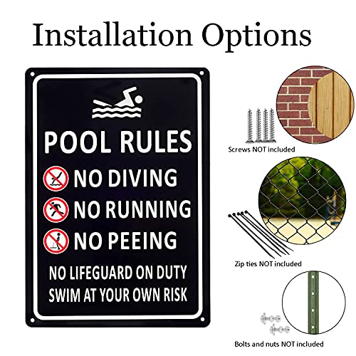 Kichwit Pool Rules, No Diving, Running, Peeing - Metal Sign, Aluminum, Weather Resistant, 13.4 x 9.4 Inches, Black - Image 4