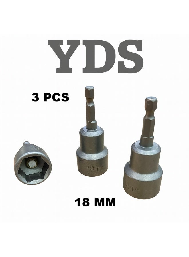 3-Pcs Magnetic Nut Socket Set 18mm for Drill & Impact Driver – CR-V Steel – Model 10006077 – YDS Brand