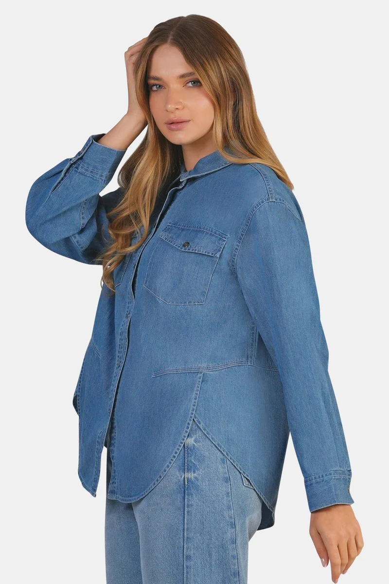 Virgio  Solid Cotton Denim Oversized Shirt for Women for Women | Best Price UAE