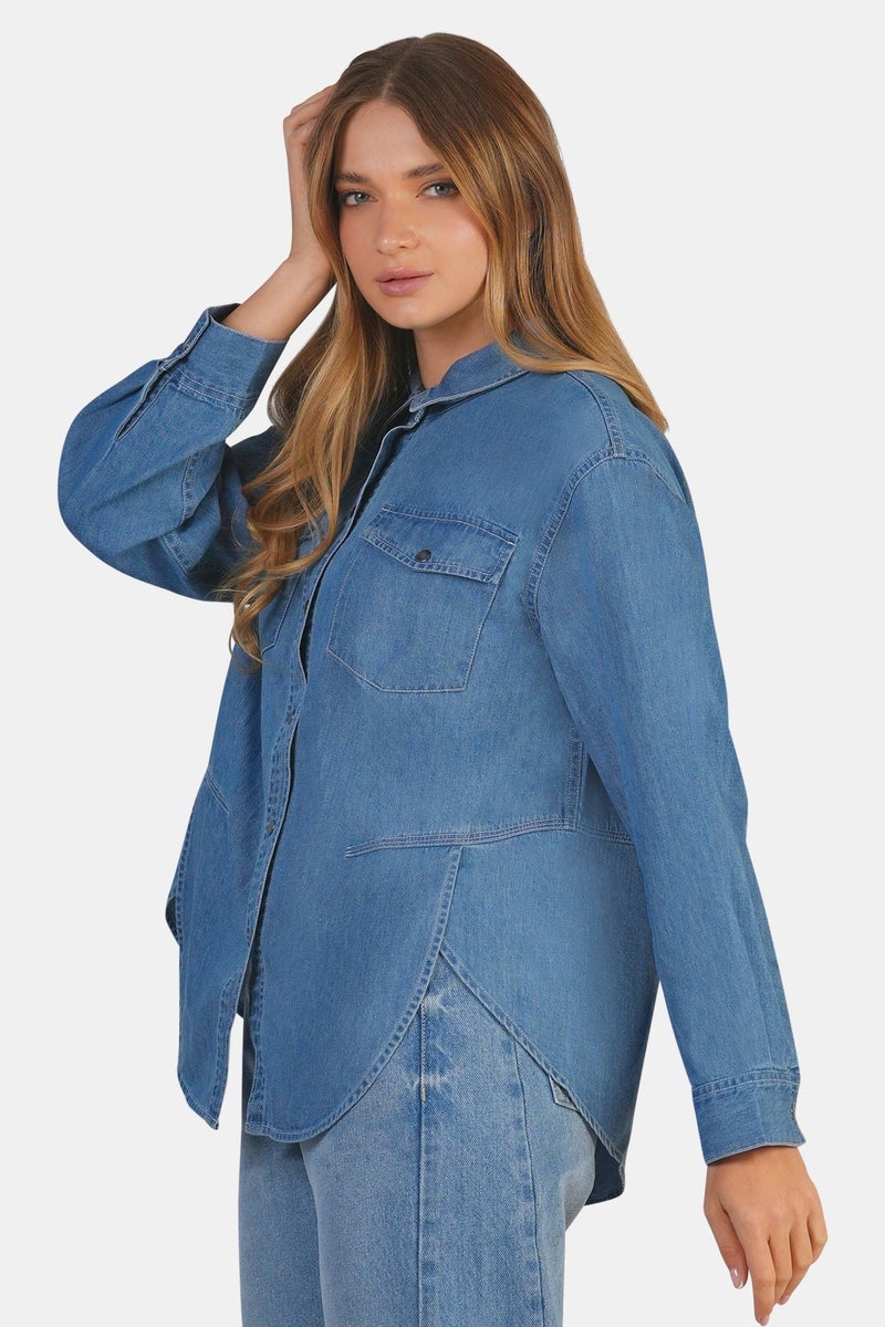 Virgio Solid Cotton Denim Oversized Shirt for Women - Image 4