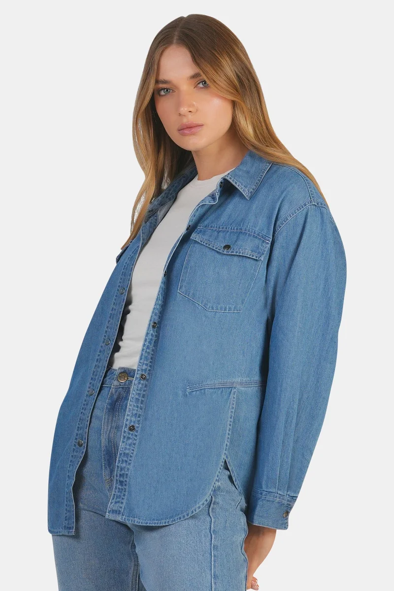 فيرجيو Solid Cotton Denim Oversized Shirt for Women