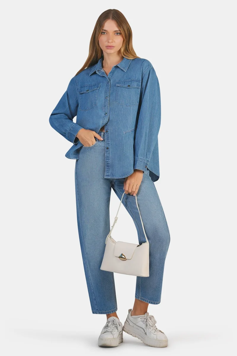 Virgio  Solid Cotton Denim Oversized Shirt for Women for Women | Best Price UAE