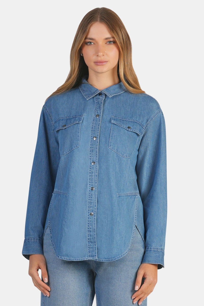 Virgio Solid Cotton Denim Oversized Shirt for Women - Image 1