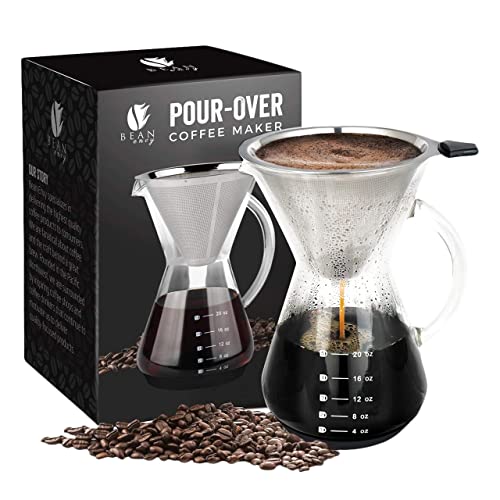 Bean Envy Pour Over Coffee Maker  5 Cup Borosilicate Glass Carafe  Rust Resistant Stainless Steel Paperless FilterDripper  Includes Custom Silicone Sleeve