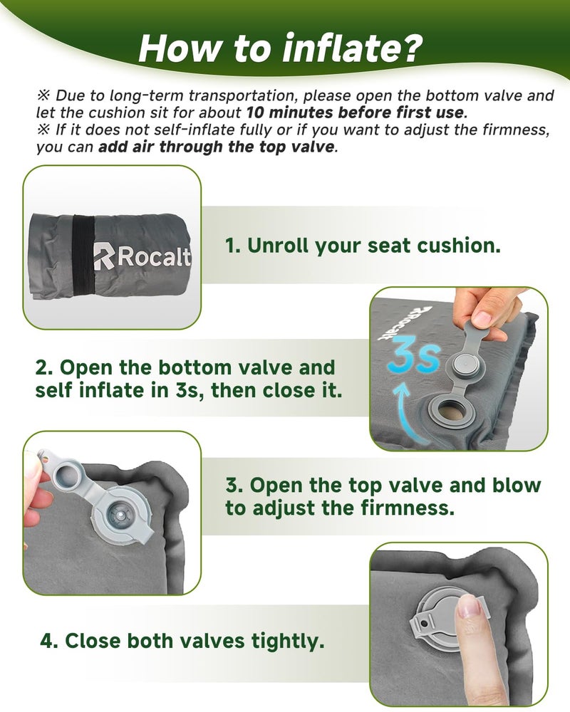 Rocalt Inflatable Seat Cushion, Self-Inflating Memory Foam Airplane Seats Cushion, Portable Air-Foam Stadium Cushion, Lightweight & Compact Bleacher Seat Cushion for Sports Events - Image 4