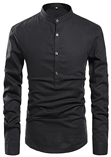 NITAGUT Men Henley Neck Long Sleeve Daily Look Linen Shirts Casual Beach T Shirts Black-US S - Image 3