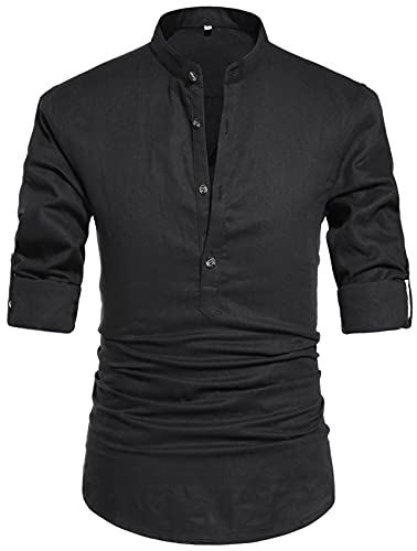 NITAGUT Men Henley Neck Long Sleeve Daily Look Linen Shirts Casual Beach T Shirts Black-US S - Image 1