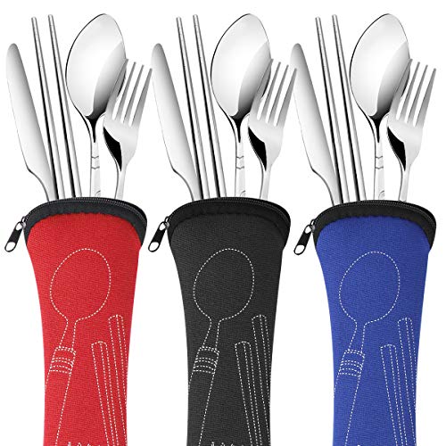 Arroyner 3 Pack Reusable Flatware Sets Knife Fork Spoon Chopsticks 12Pcs Portable Travel Stainless Steel Tableware Dinnerware with Carrying Case