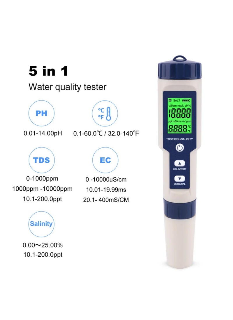 ELIKLIV - 5-in-1 Digital Water Quality Meter, 0.01 High Accuracy PH Tester Digital for Water TDS/EC/Salinity/Temperature/PH Pen, PPM Meter Water Tester for Drinking Water, Hydroponics, Plants, Aquariums and Swimming Pools - Image 1
