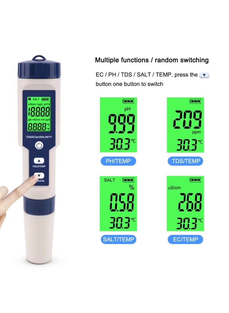 ELIKLIV - 5-in-1 Digital Water Quality Meter, 0.01 High Accuracy PH Tester Digital for Water TDS/EC/Salinity/Temperature/PH Pen, PPM Meter Water Tester for Drinking Water, Hydroponics, Plants, Aquariums and Swimming Pools - Image 1