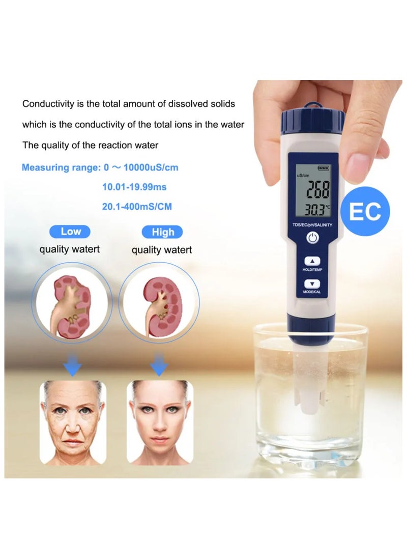 ELIKLIV - 5-in-1 Digital Water Quality Meter, 0.01 High Accuracy PH Tester Digital for Water TDS/EC/Salinity/Temperature/PH Pen, PPM Meter Water Tester for Drinking Water, Hydroponics, Plants, Aquariums and Swimming Pools - Image 1