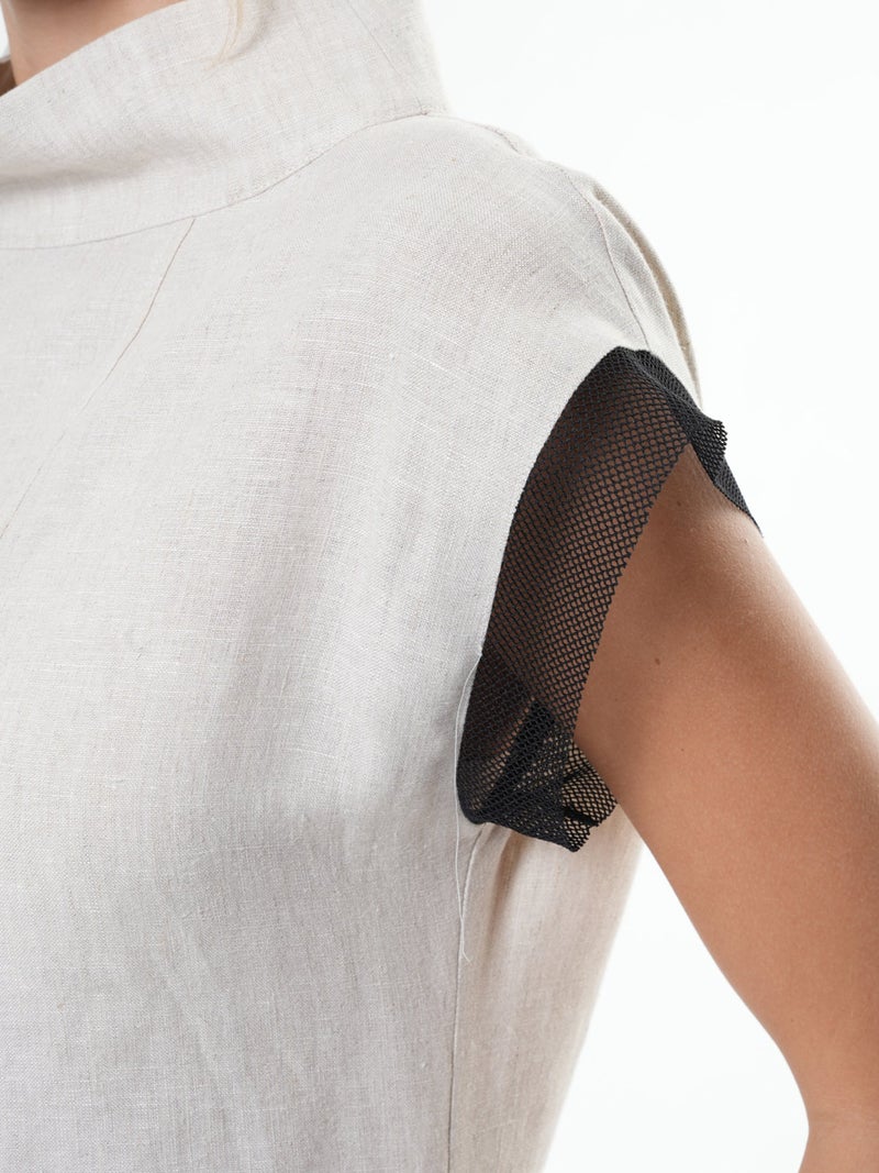 ميتامورفوزا فستان كتان غير متماثل (Asymmetrical) أنيق باللون البيج - Image 4