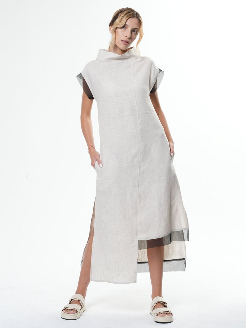 Metamorphoza Asymmetrical Linen Dress In Beige - Image 1