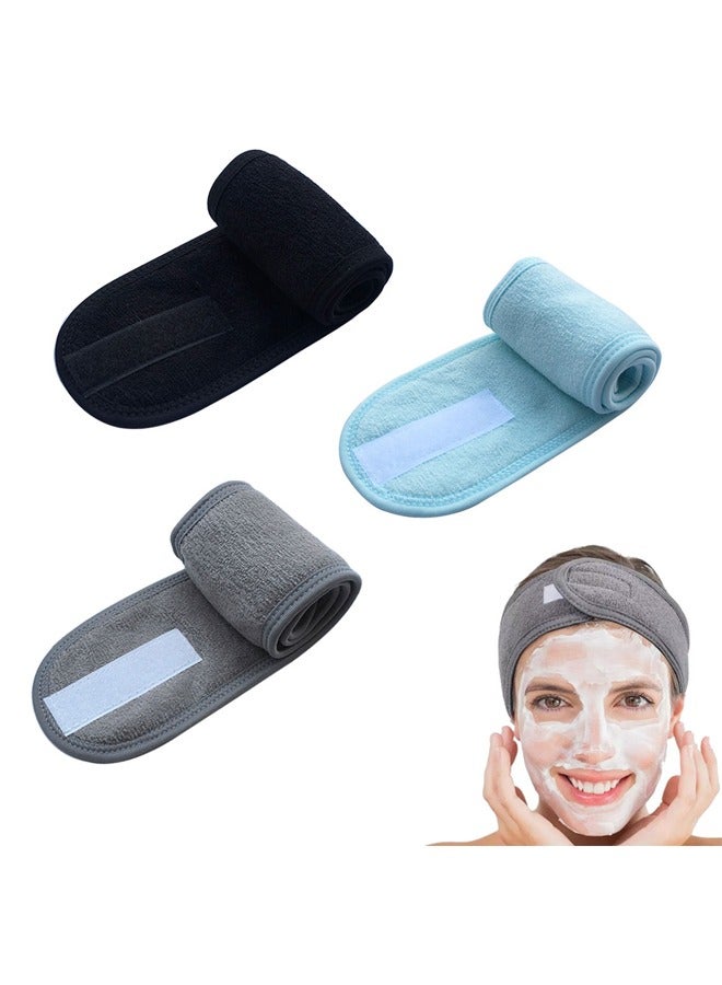 GUSGU Spa Facial Headband 3pcs, Microfiber Headbands, Non-slip Adjustable Stretch Washable Coral Fleece Make Up Head Wrap with Magic Tape for Face Washing, Shower, Mask, Yoga, Sport (Grey Black Blue) - Image 1