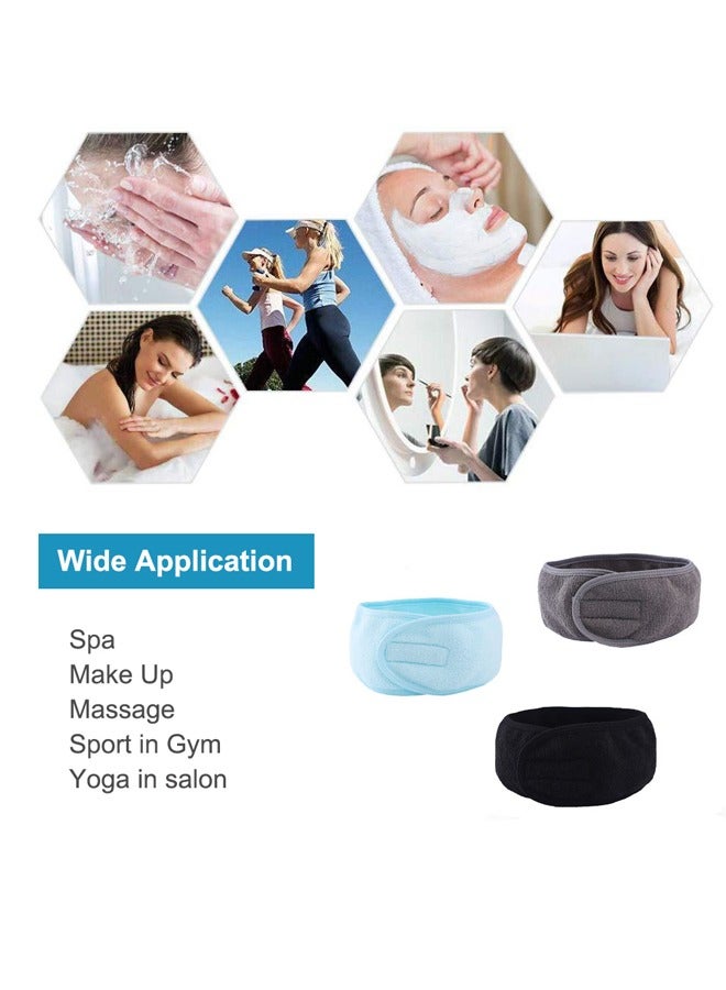 GUSGU Spa Facial Headband 3pcs, Microfiber Headbands, Non-slip Adjustable Stretch Washable Coral Fleece Make Up Head Wrap with Magic Tape for Face Washing, Shower, Mask, Yoga, Sport (Grey Black Blue) - Image 4