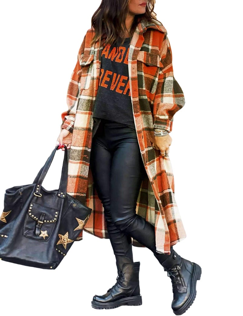 UANEO Plaid Coat Women Button Down Long Plaid Jacket Fall Flannel Trench Coat RedXL