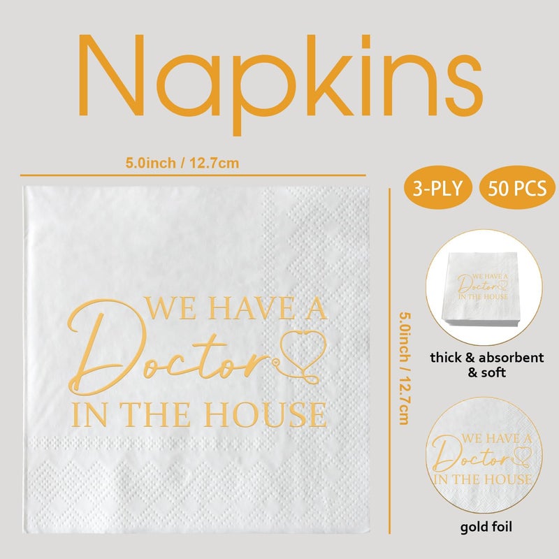 SWEETTALA We Have A Doctor In The House Napkins  50 Pack White and Gold Doctor Graduation Cocktail Napkins  Class of 2025 Medical School Graduation Party Supplies Decorations  3 Ply - Image 2
