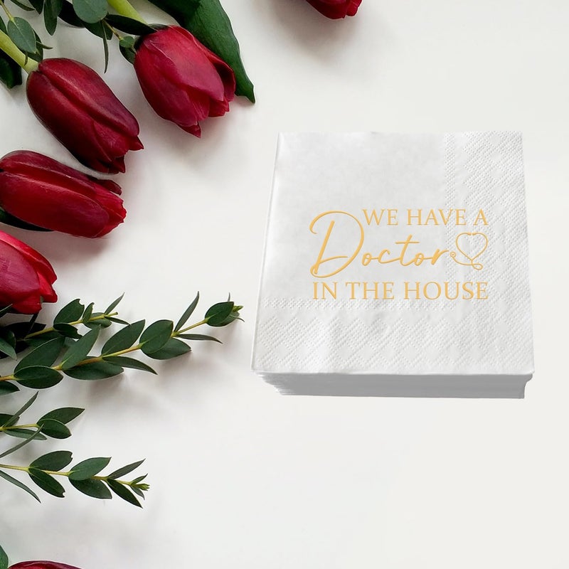 SWEETTALA We Have A Doctor In The House Napkins  50 Pack White and Gold Doctor Graduation Cocktail Napkins  Class of 2025 Medical School Graduation Party Supplies Decorations  3 Ply - Image 5