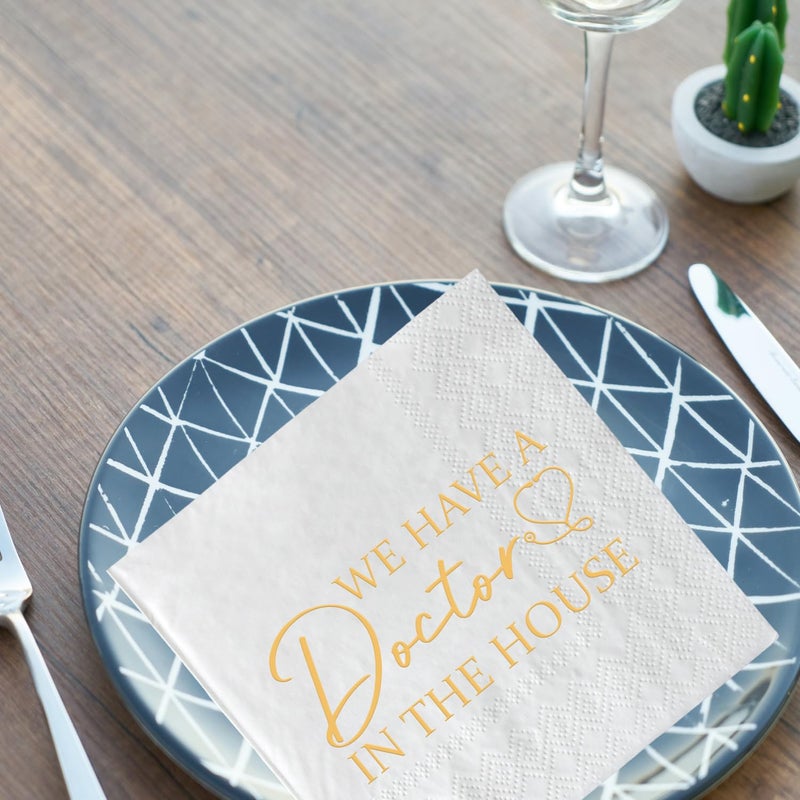 SWEETTALA We Have A Doctor In The House Napkins  50 Pack White and Gold Doctor Graduation Cocktail Napkins  Class of 2025 Medical School Graduation Party Supplies Decorations  3 Ply - Image 4