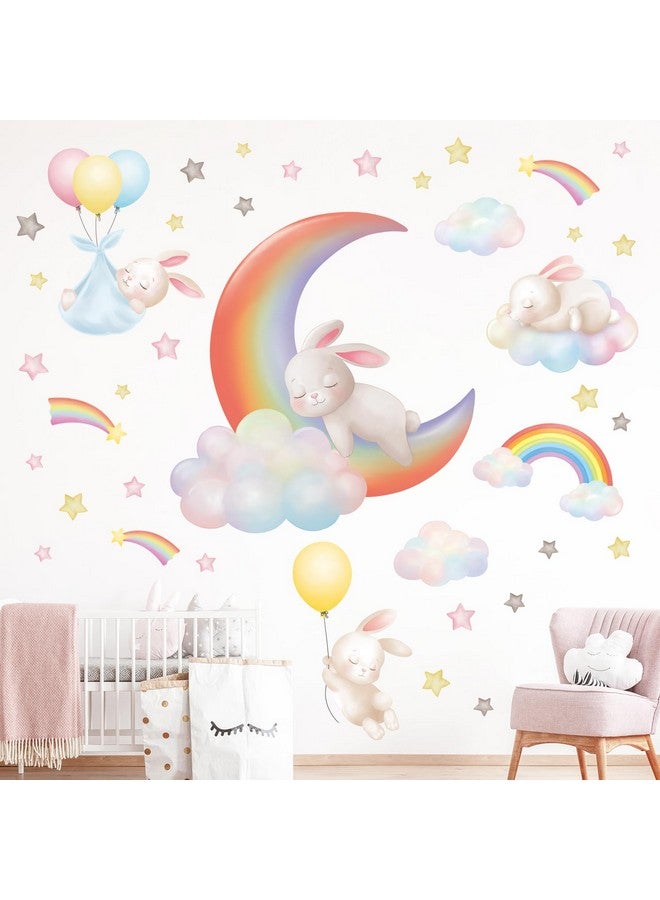 DECOWALL SG2-2313 Rainbow Moon Clouds and Rabbits Wall Stickers Decals Bedroom Star Room Nursery for Girls Baby Decorations Girly Kids Balloon Living - Image 1