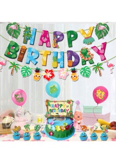 Mordely Hawaiian Birthday Party Decorations for Girls Boys Flamingo Pineapples Cactus Happy Birthday Banner Balloons Cake Cupcake Toppers for Summer Luau Hawaii Aloha Tropical Beach Theme Party Supplies  - Image 3