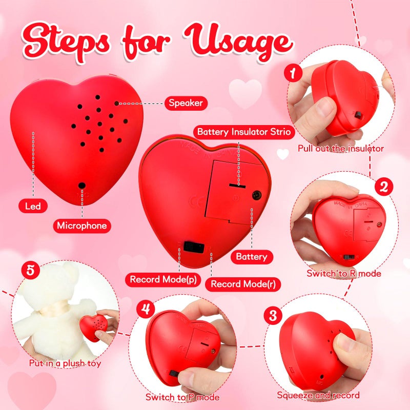 Copkim 6 Pcs 20 Seconds Valentine's Voice Recorder for Stuffed Animal Heart Shape Sound Recorder Push Button Recordable Device Sound Module for Gift Recording Voice Message(Red, Rose Red, Pink) - Image 3