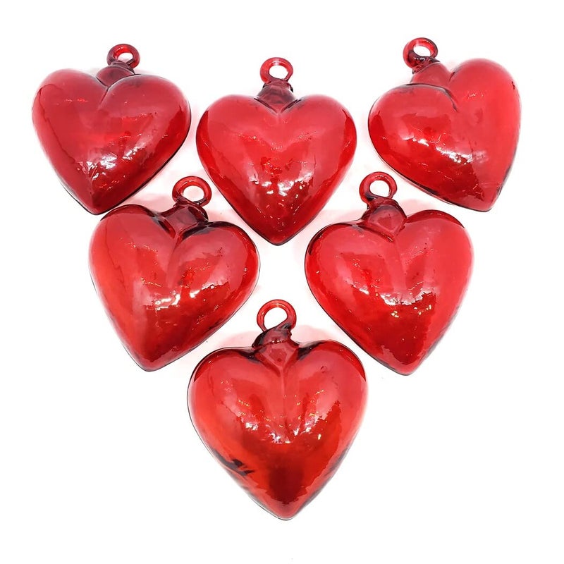 MexHandcraft Red 3.5 inch Medium Hanging Glass Hearts (Set of 6)  Recycled Blown Glass (Medium Hearts) - Image 1