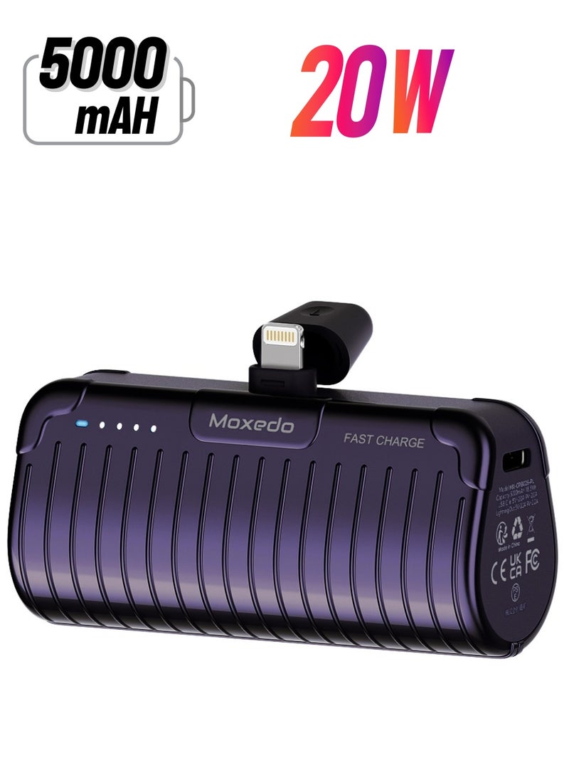 Moxedo - Moxedo Capsule 5000 mAh Mini Power Bank 20W PD Fast Charging Portable Charger with Built-in Lightning Connector with Kickstand Compatible for iPhone 14/14 Pro Max/13/12/11/X/8/7/6 Plus (Purple) - Image 1