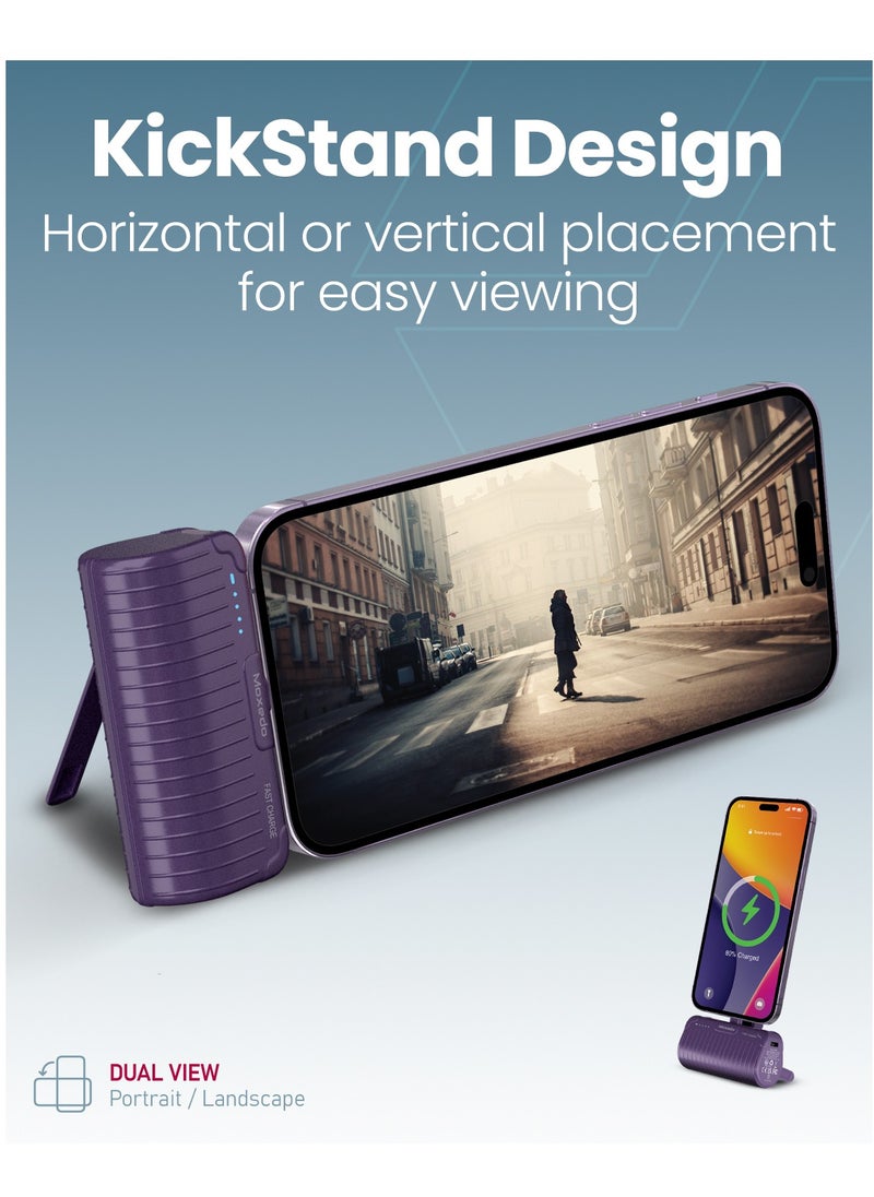 Moxedo - Moxedo Capsule 5000 mAh Mini Power Bank 20W PD Fast Charging Portable Charger with Built-in Lightning Connector with Kickstand Compatible for iPhone 14/14 Pro Max/13/12/11/X/8/7/6 Plus (Purple) - Image 1