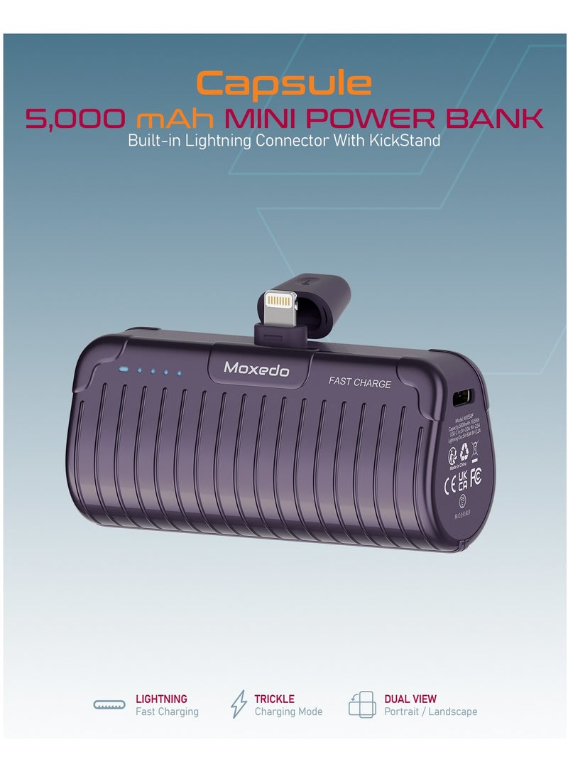 Moxedo - Moxedo Capsule 5000 mAh Mini Power Bank 20W PD Fast Charging Portable Charger with Built-in Lightning Connector with Kickstand Compatible for iPhone 14/14 Pro Max/13/12/11/X/8/7/6 Plus (Purple) - Image 1