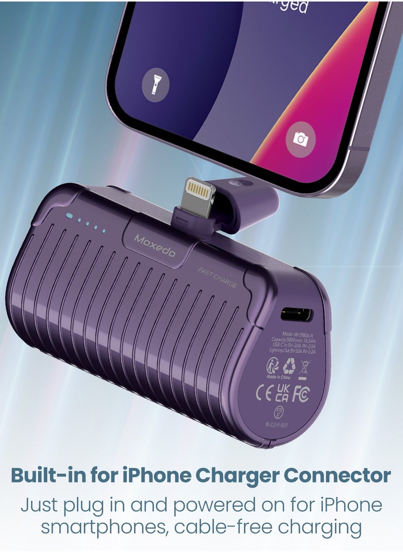 Moxedo - Moxedo Capsule 5000 mAh Mini Power Bank 20W PD Fast Charging Portable Charger with Built-in Lightning Connector with Kickstand Compatible for iPhone 14/14 Pro Max/13/12/11/X/8/7/6 Plus (Purple) - Image 1