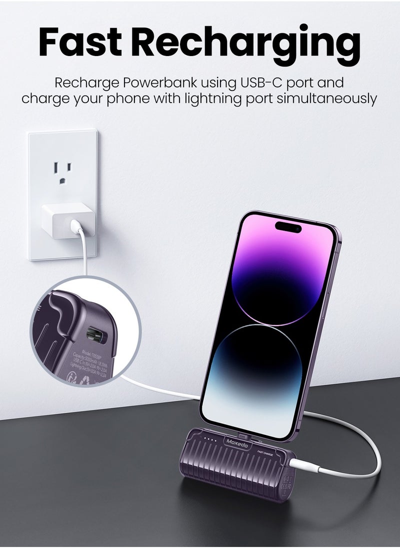 Moxedo - Moxedo Capsule 5000 mAh Mini Power Bank 20W PD Fast Charging Portable Charger with Built-in Lightning Connector with Kickstand Compatible for iPhone 14/14 Pro Max/13/12/11/X/8/7/6 Plus (Purple) - Image 1