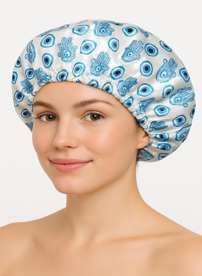 AUM ENTERPRISE Goldfizz Reusable Satin Shower Cap for Women - Silk Bonnet Double-Layered, Comfortable Elastic Band, Stylish Hamsa & Evil Eye Design Sleeping Bonnets - Ideal for Hair Protection, Makeup, and Spa(Blue) - Image 1