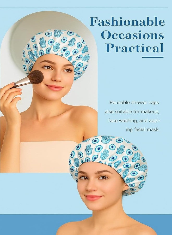 AUM ENTERPRISE Goldfizz Reusable Satin Shower Cap for Women - Silk Bonnet Double-Layered, Comfortable Elastic Band, Stylish Hamsa & Evil Eye Design Sleeping Bonnets - Ideal for Hair Protection, Makeup, and Spa(Blue) - Image 4
