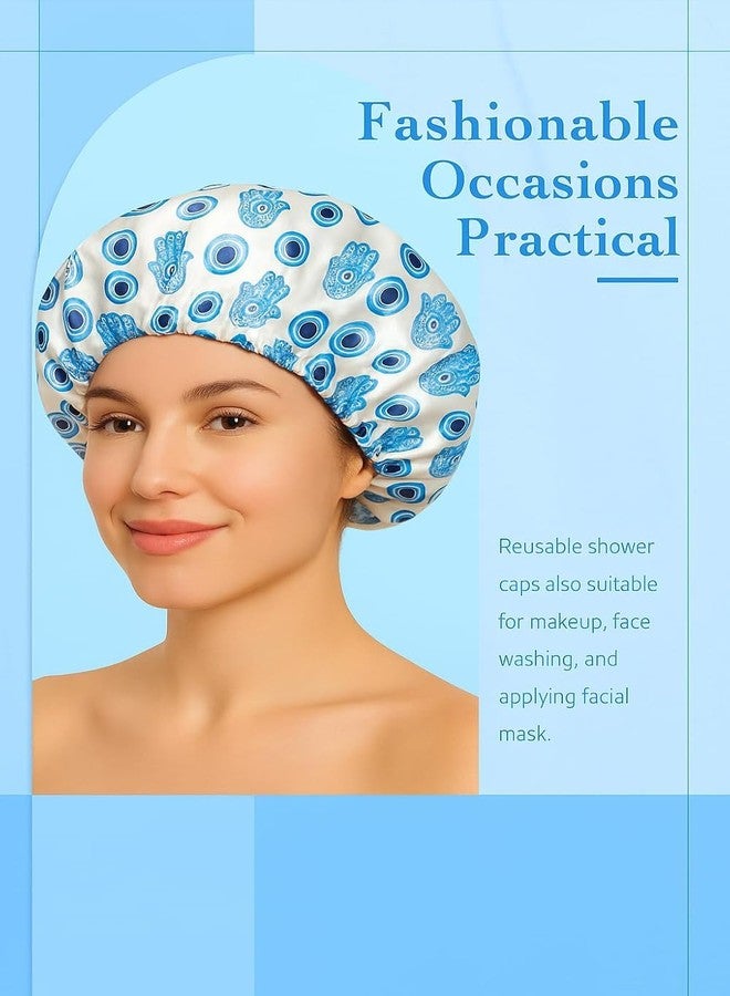 AUM ENTERPRISE Goldfizz Reusable Satin Shower Cap for Women - Silk Bonnet Double-Layered, Comfortable Elastic Band, Stylish Hamsa & Evil Eye Design Sleeping Bonnets - Ideal for Hair Protection, Makeup, and Spa(Blue) - Image 3