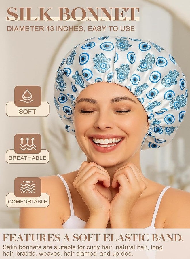 AUM ENTERPRISE Goldfizz Reusable Satin Shower Cap for Women - Silk Bonnet Double-Layered, Comfortable Elastic Band, Stylish Hamsa & Evil Eye Design Sleeping Bonnets - Ideal for Hair Protection, Makeup, and Spa(Blue) - Image 2