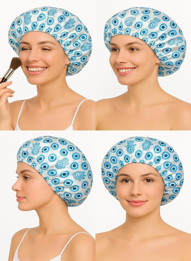 AUM ENTERPRISE Goldfizz Reusable Satin Shower Cap for Women - Silk Bonnet Double-Layered, Comfortable Elastic Band, Stylish Hamsa & Evil Eye Design Sleeping Bonnets - Ideal for Hair Protection, Makeup, and Spa(Blue) - Image 5