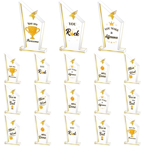 Treela 18 Pcs Employee Appreciation Awards Gifts Bulk Small Acrylic Trophies Mini Thank You Plaque Gifts for Recognition Adults Students Classroom Office Graduation Decorations(Quadrilateral,Gold) - Image 1