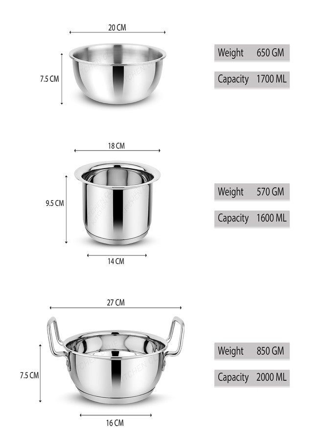 KITCHEN CLUE 3 Pcs Triply Stainless Steel Cookware Set 1 - Tope (18cm), Tasla (20cm), Kadhai (21cm) - Induction and Gastove Friendly - Heavy Guage Bottom - Comes with 5 Year Warranty (304 Grade) - Image 3