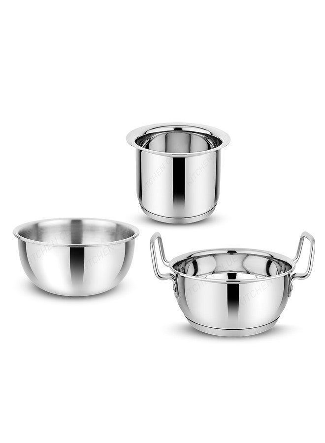 KITCHEN CLUE 3 Pcs Triply Stainless Steel Cookware Set 1 - Tope (18cm), Tasla (20cm), Kadhai (21cm) - Induction and Gastove Friendly - Heavy Guage Bottom - Comes with 5 Year Warranty (304 Grade) - Image 1