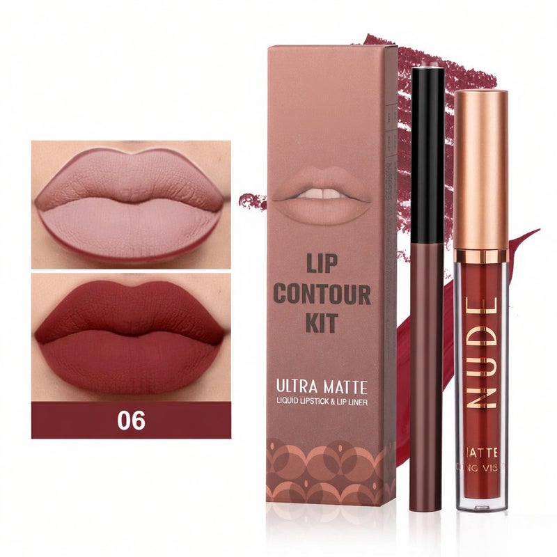 2Pcs Matte Lipstick with  Lipliners Durable Lip Gloss Long-Lasting Non-Stick Cup Not Fade Waterproof High Pigmented Velvet Lipgloss Kit Beauty Cosmetics Makeup Gift for Girls(#06) - Image 1