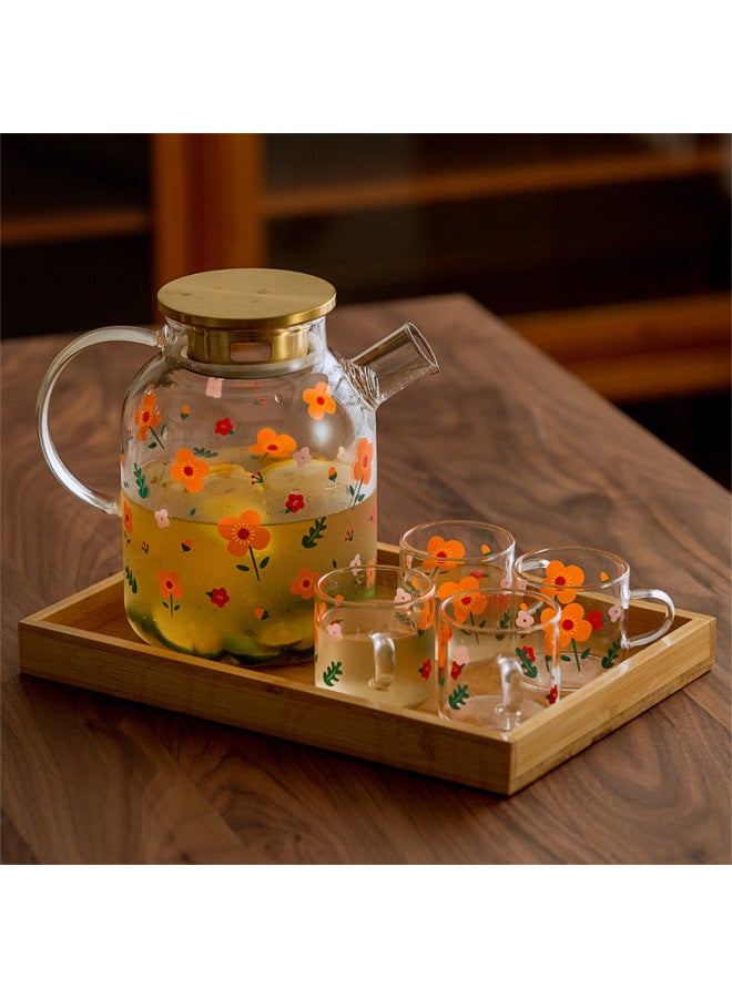 Artistic Glass Cold Water Bottle Cold Water Bottle Set Fruit Juice Scented Tea Fruit Teapot Tea Maker Large Capacity Tea Cup Tray-Color:Sunflower Short Mouth Pot-Large (Bamboo Cover) - Image 3
