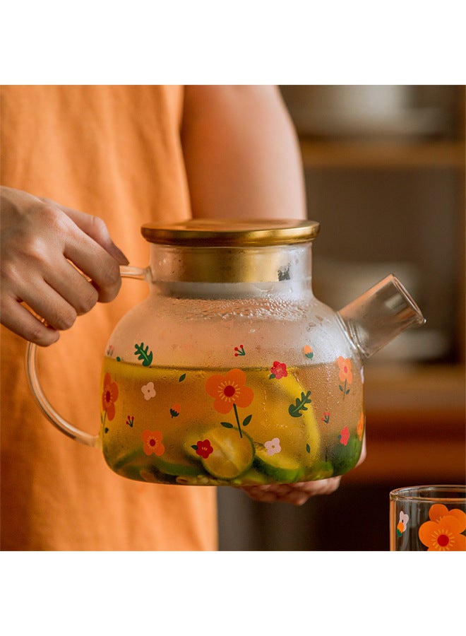 Artistic Glass Cold Water Bottle Cold Water Bottle Set Fruit Juice Scented Tea Fruit Teapot Tea Maker Large Capacity Tea Cup Tray-Color:Sunflower Short Mouth Pot-Large (Bamboo Cover) - Image 5