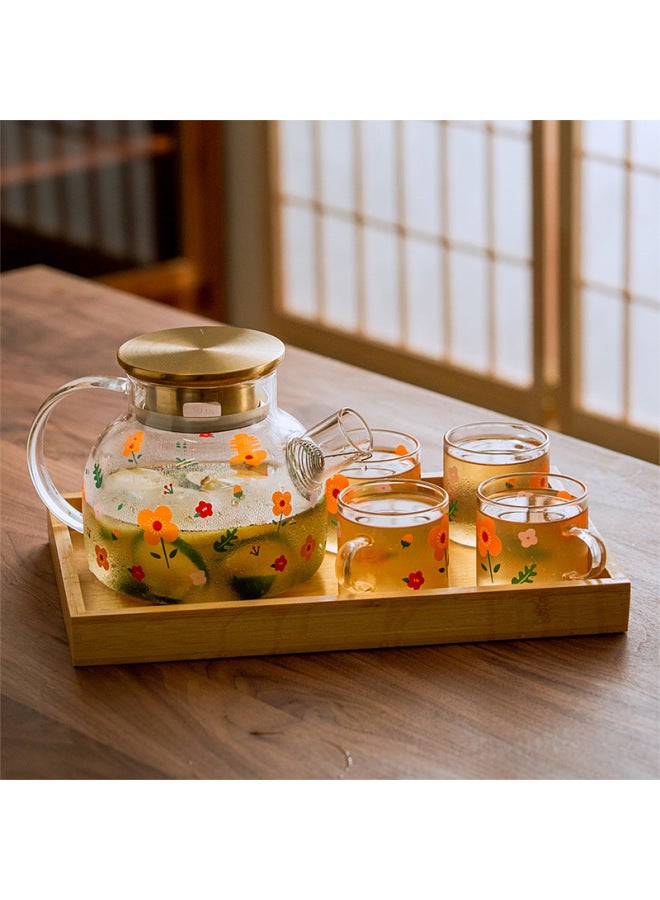 Artistic Glass Cold Water Bottle Cold Water Bottle Set Fruit Juice Scented Tea Fruit Teapot Tea Maker Large Capacity Tea Cup Tray-Color:Sunflower Short Mouth Pot-Large (Bamboo Cover) - Image 4