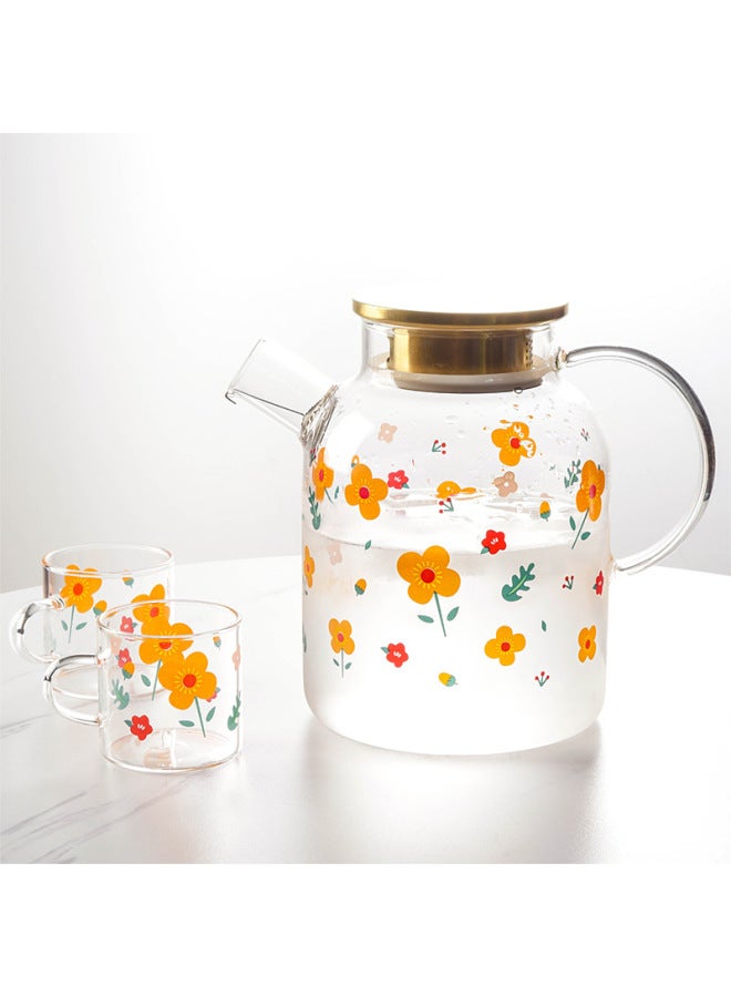 Artistic Glass Cold Water Bottle Cold Water Bottle Set Fruit Juice Scented Tea Fruit Teapot Tea Maker Large Capacity Tea Cup Tray-Color:Sunflower Short Mouth Pot-Large (Bamboo Cover) - Image 2