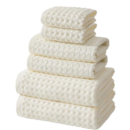 SK Studio 6 Piece Cotton Hotel Waffle Towel Set - 2 Bath, 2 Hand, 2 Washcloths - Large, Absorbent, Quick Dry for Bathroom Spa - White - Image 1